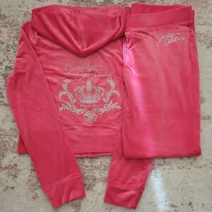Juicy Couture Velour Pink Party Crown Rhinestone Logo Hoodie & Pants Set - L